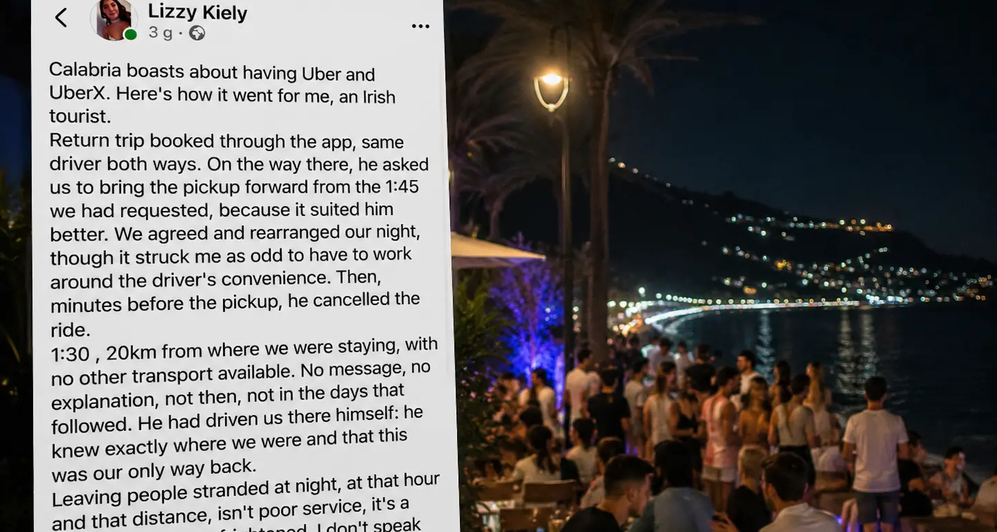 <p>Prenota una corsa per tornare a casa: <span style=\"color:hsl(0, 75%, 60%);\">turista irlandese resta bloccata </span>di notte in Calabria</p>