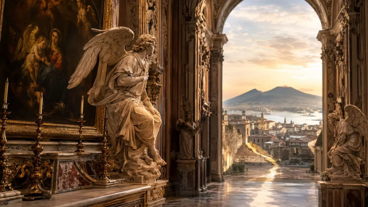 <p>Il legame tra Cosenza e Napoli è rappresentato attraverso arte sacra, architettura barocca e una strada luminosa verso il Vesuvio (FOTO AI)</p>\\n