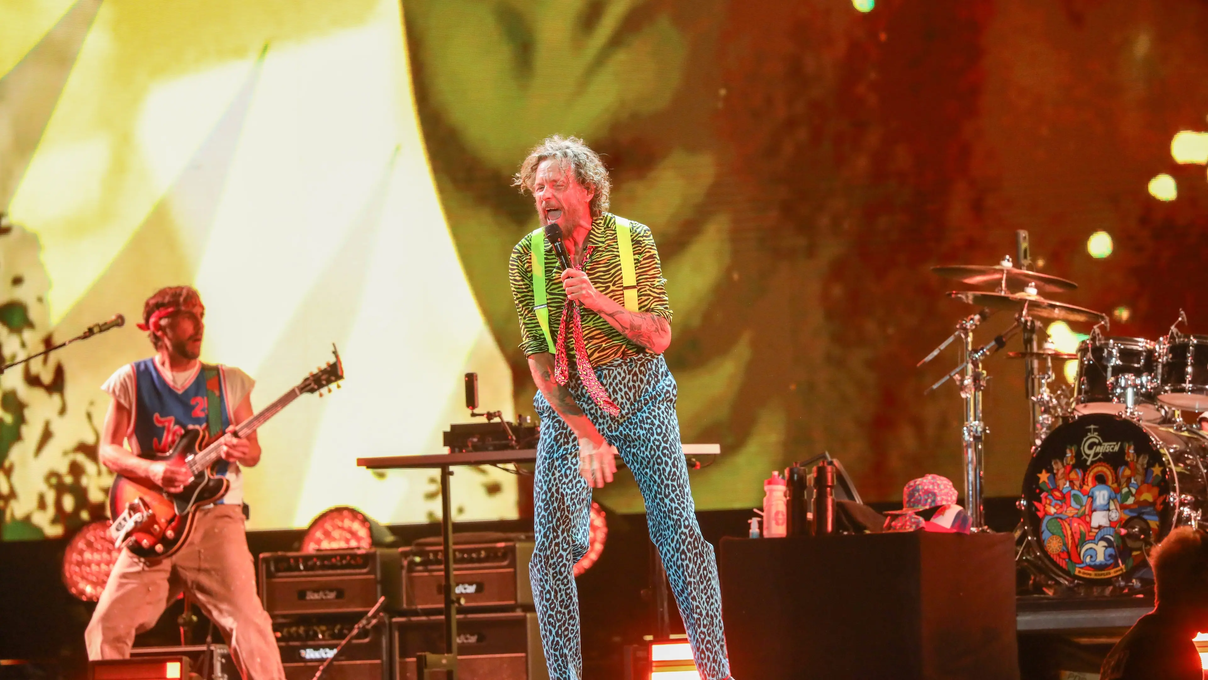 IPA87314476 - Lorenzo Cherubini \"Jovanotti\" performs onstage with members of his band during the Jova Summer Party at Olbia Arena in Olbia, Italy, on August 7, 2026. during Lorenzo Jovanotti - Jova Summer Party 2026, Music Concert in Olbia, Italy, August 07 2026