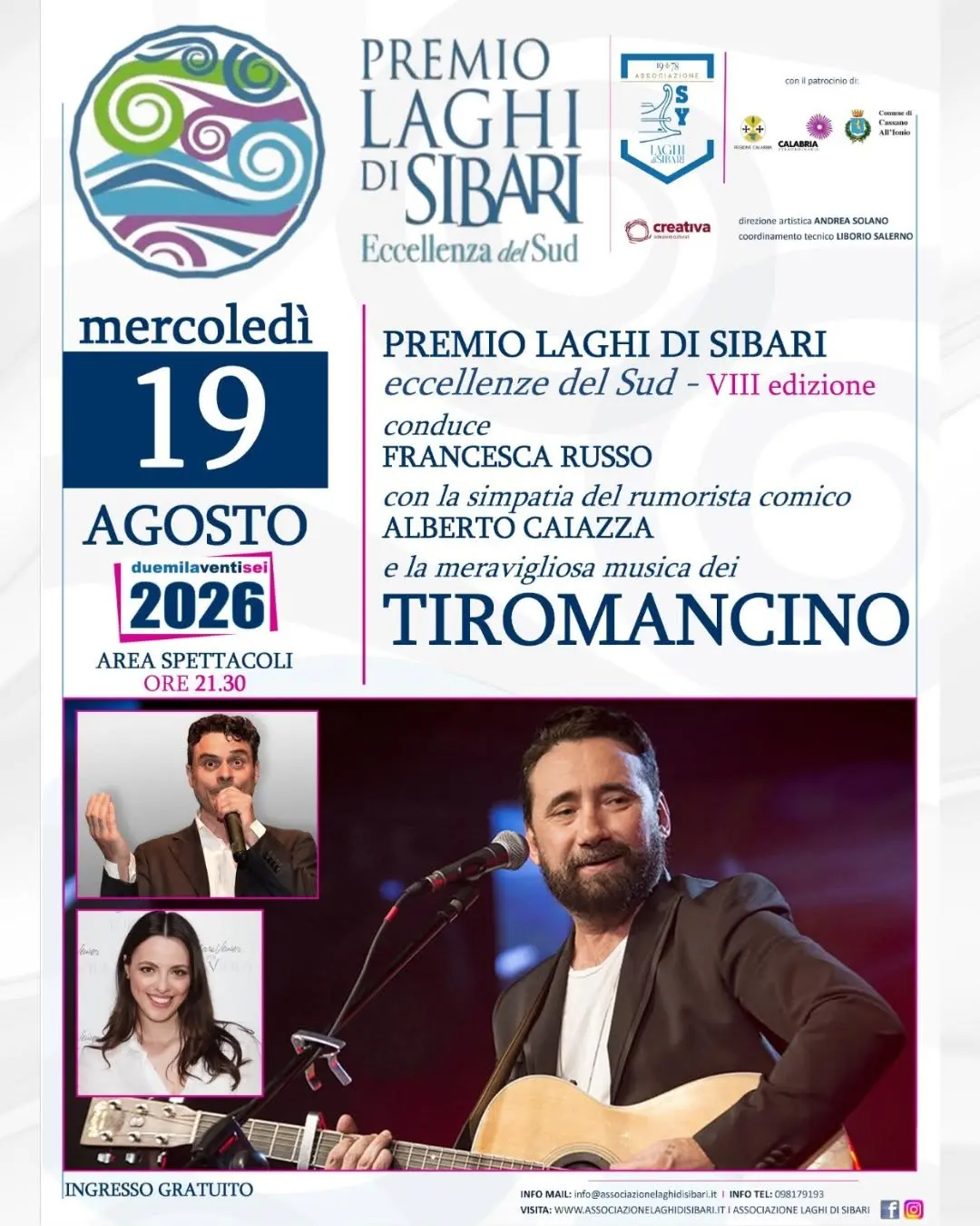 Premio Laghi di Sibari, stasera la consegna dei riconoscimenti: sul palco i Tiromancino\n