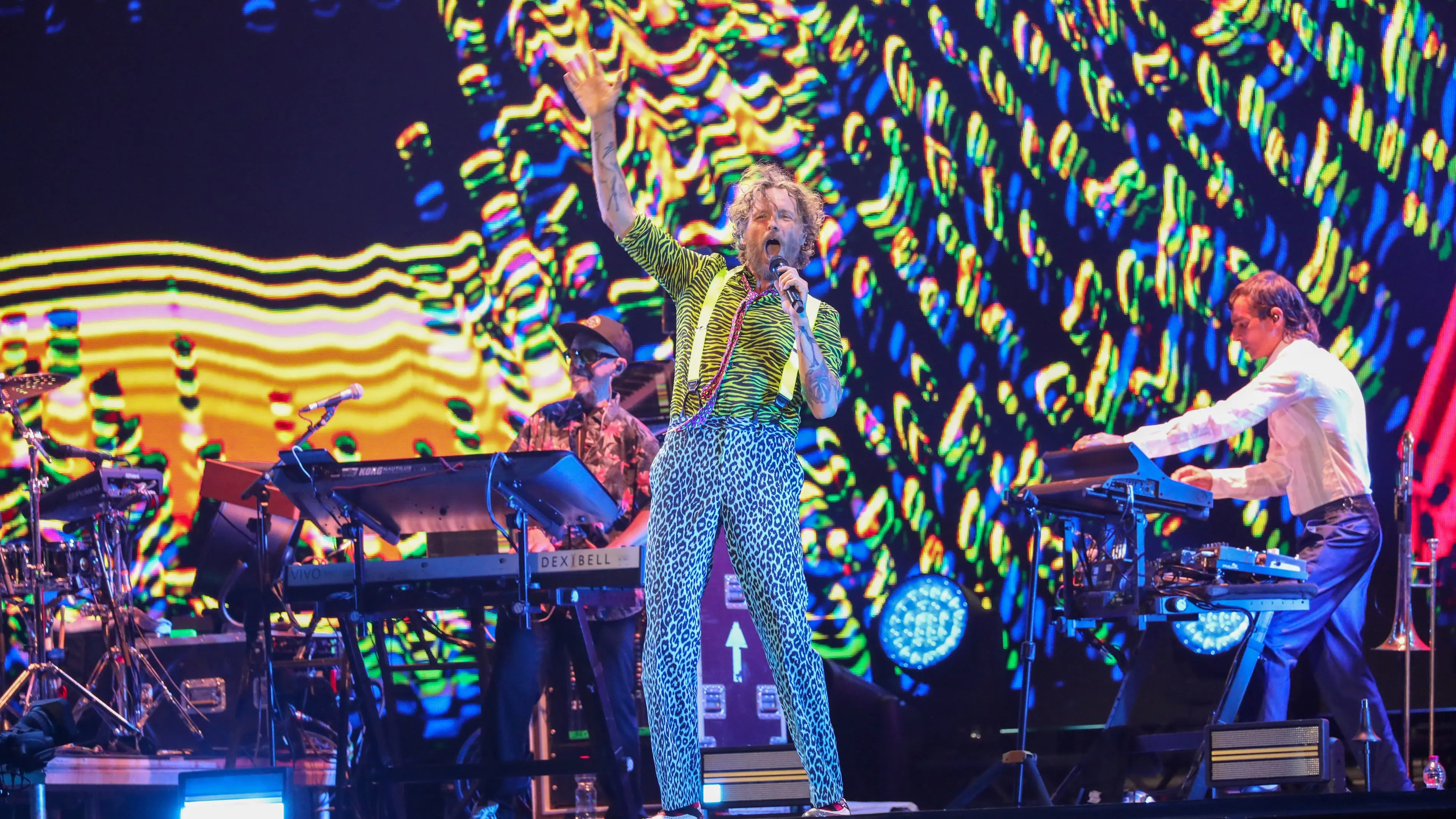 IPA87314480 - Lorenzo Cherubini \"Jovanotti\" performs onstage with members of his band during the Jova Summer Party at Olbia Arena in Olbia, Italy, on August 7, 2026. during Lorenzo Jovanotti - Jova Summer Party 2026, Music Concert in Olbia, Italy, August 07 2026