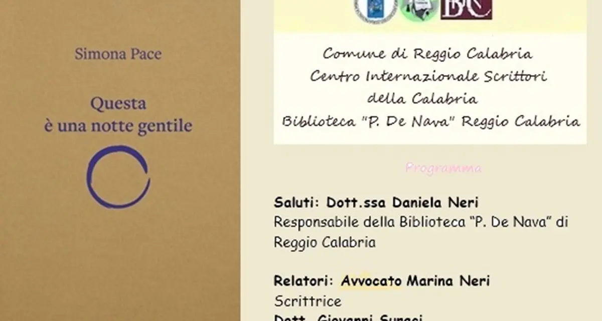 “Questa è una notte gentile”, a Reggio domani la presentazione del libro\u00A0di Simona Pace\n