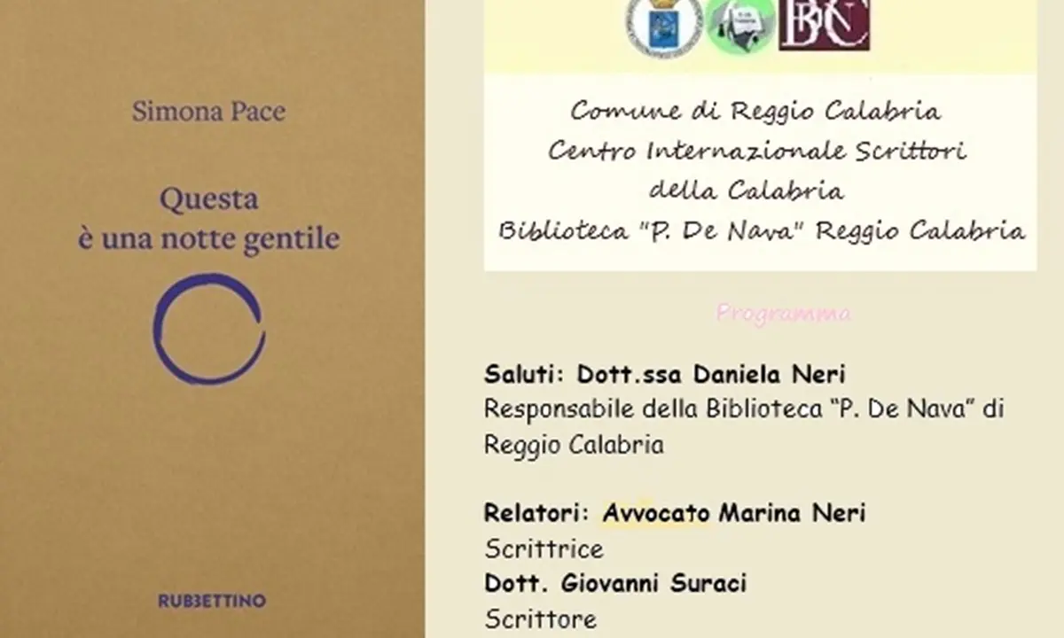 “Questa è una notte gentile”, a Reggio domani la presentazione del libro\u00A0di Simona Pace\n