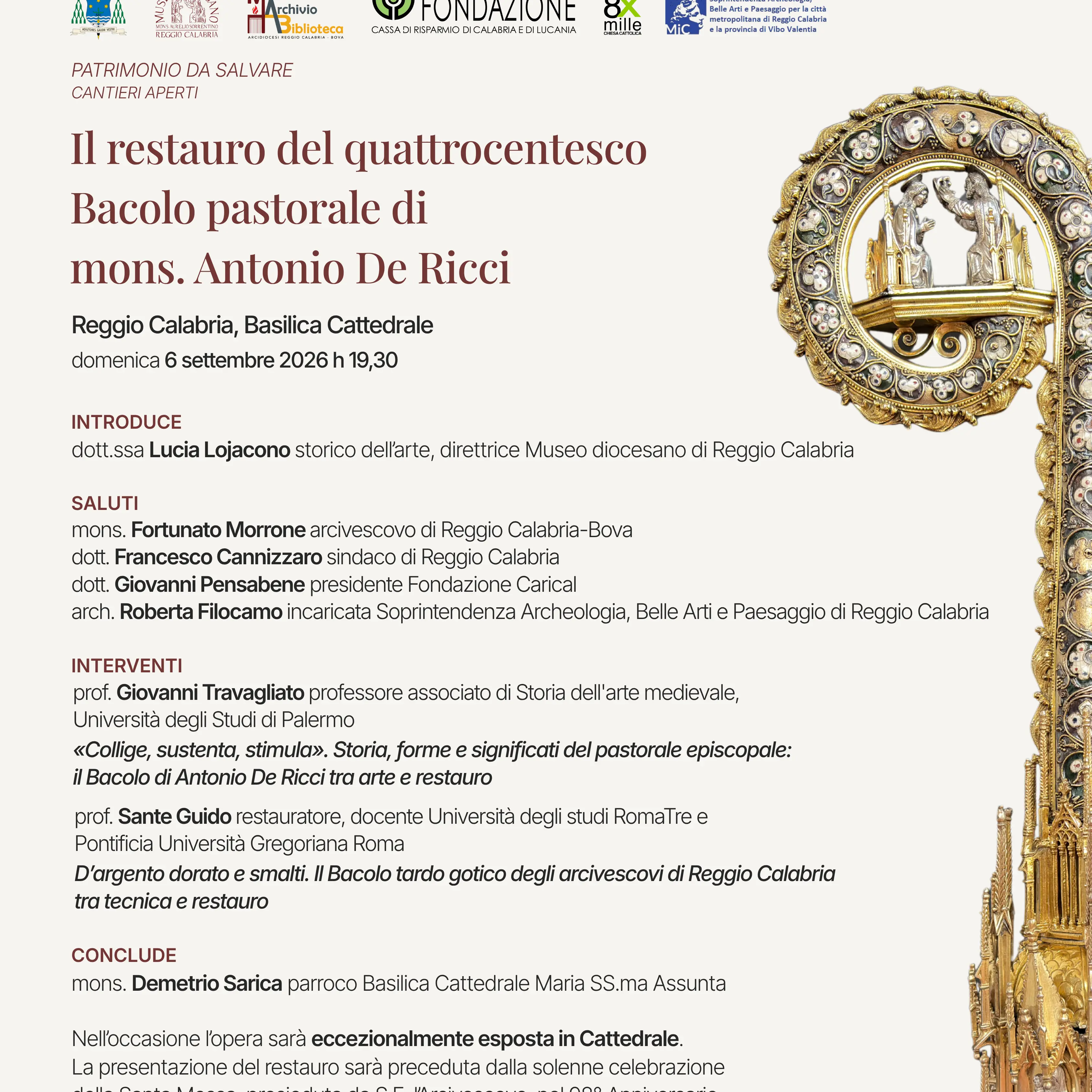 Reggio, domenica 6 settembre in Cattedrale la presentazione del restauro del Bacolo pastorale quattrocentesco\n