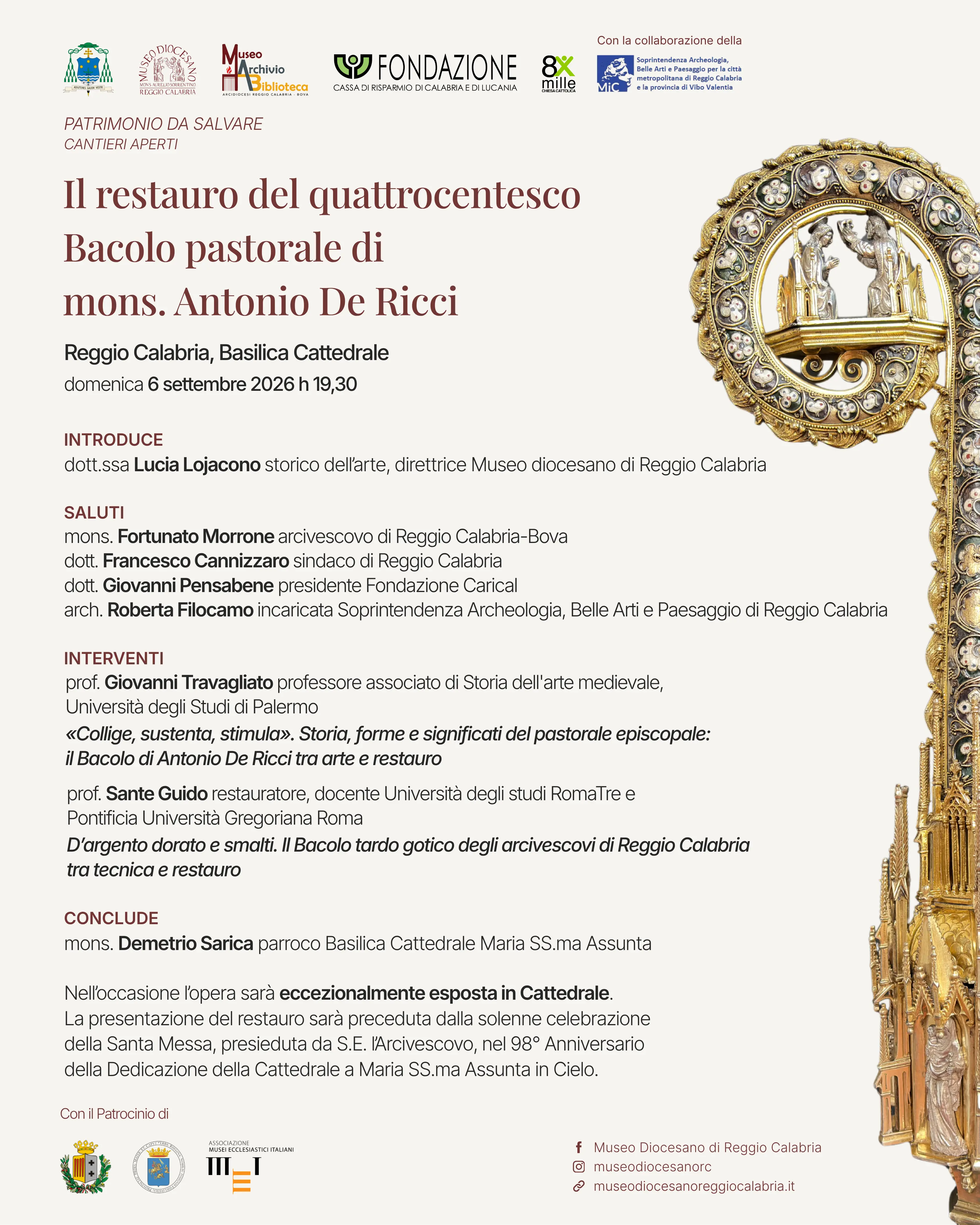 Reggio, domenica 6 settembre in Cattedrale la presentazione del restauro del Bacolo pastorale quattrocentesco\n