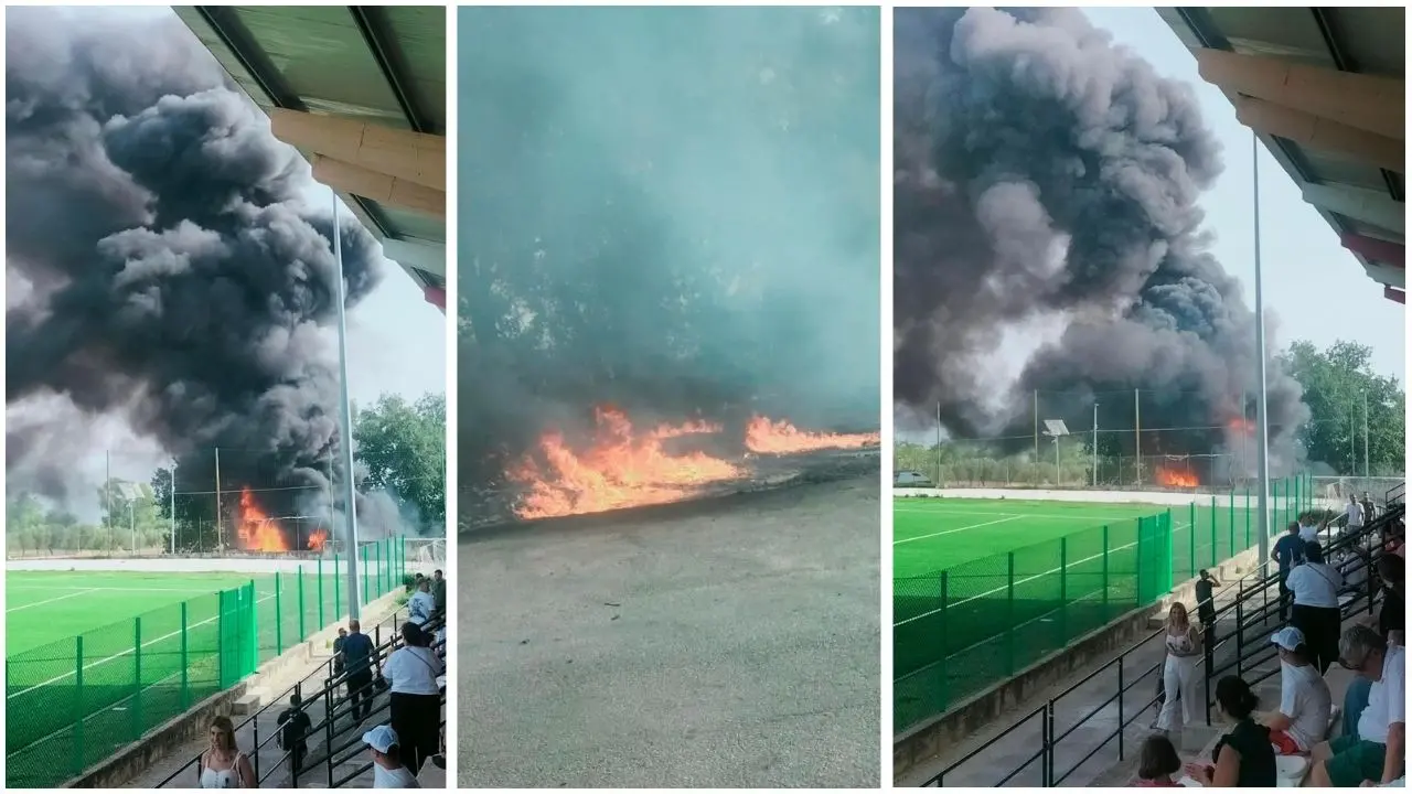 Mileto, improvviso incendio vicino alle tribune durante il match di Coppa Italia tra Rosarnese e Palmese: paura sugli spalti\n