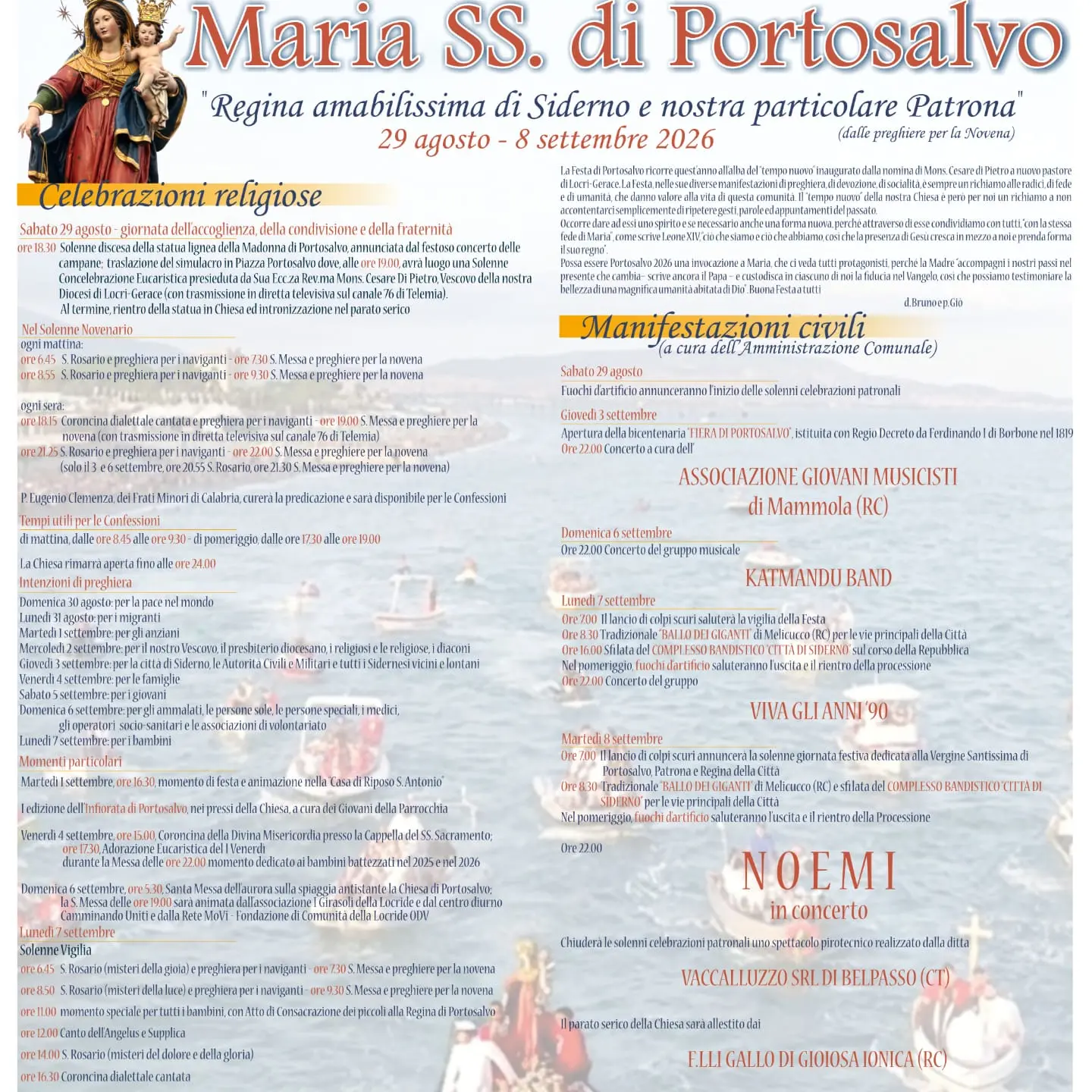 Siderno, dal 3 all'8 settembre i festeggiamenti civili in onore di Maria SS. di Portosalvo\n