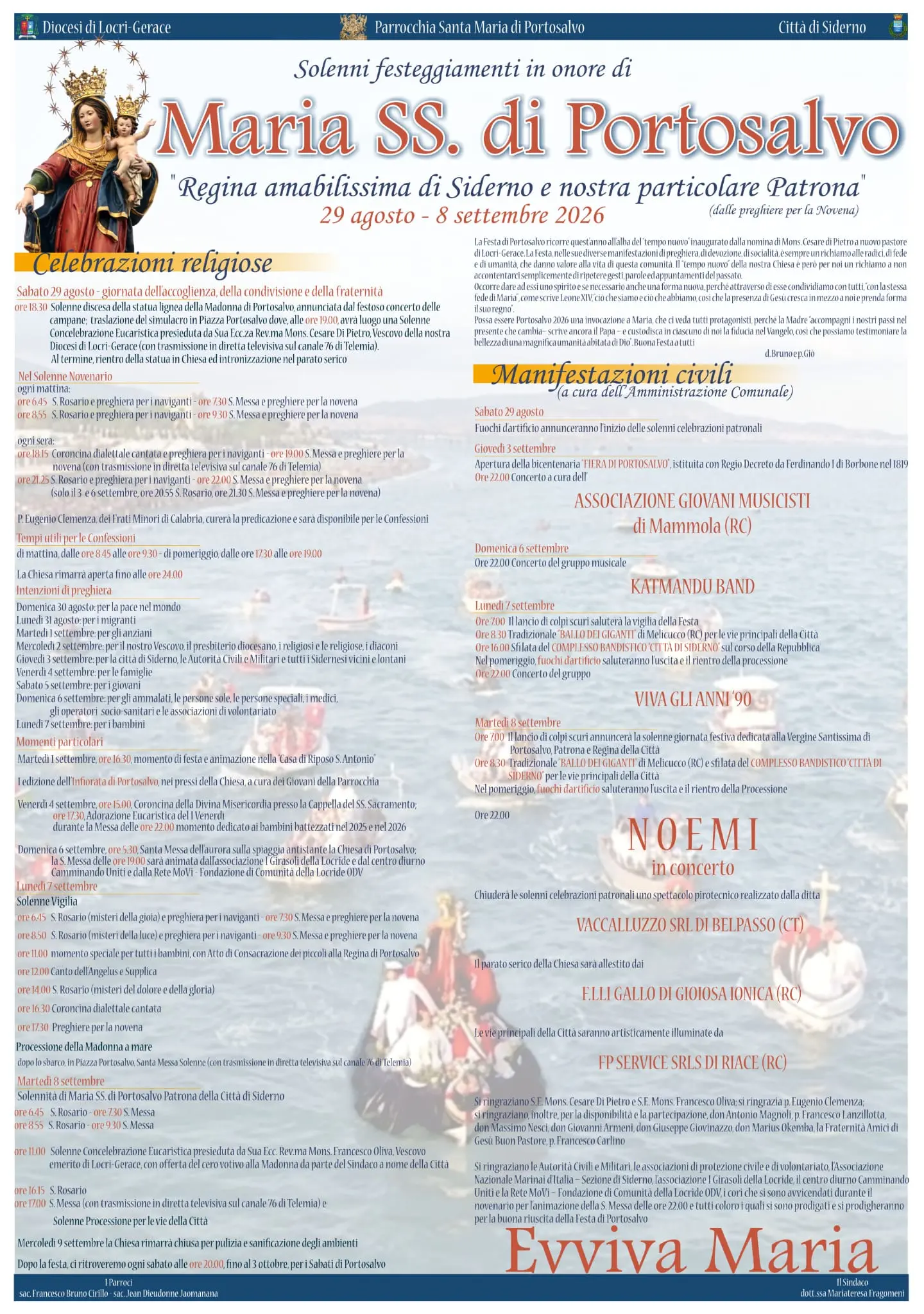 Siderno, dal 3 all'8 settembre i festeggiamenti civili in onore di Maria SS. di Portosalvo\n