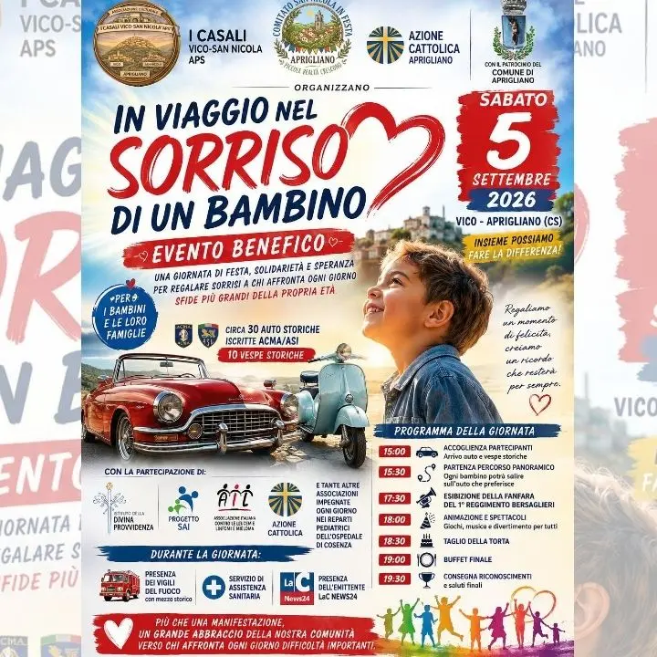 Aprigliano, auto storiche e solidarietà per regalare un sorriso ai bambini in cura\n