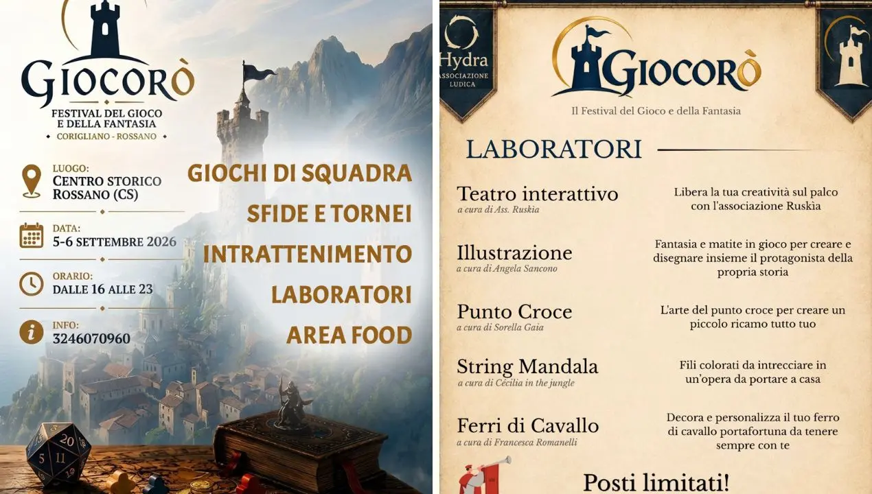 A Rossano tutto pronto per Giocorò, Festival del Gioco e della Fantasia: calcio balilla umano, Lego e rievocazioni\n
