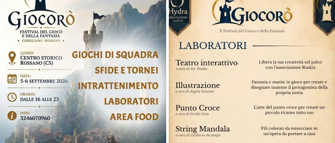 A Rossano tutto pronto per Giocorò, Festival del Gioco e della Fantasia: calcio balilla umano, Lego e rievocazioni\n