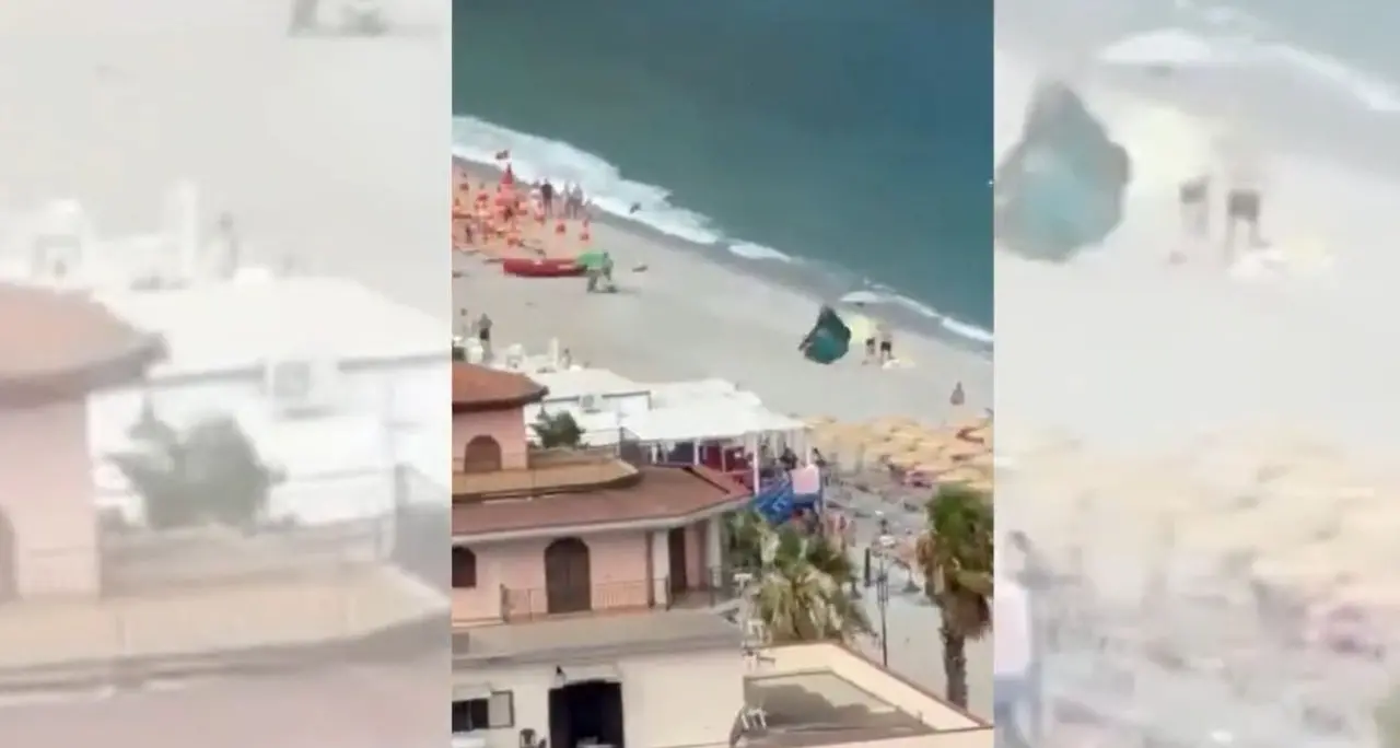 Tromba marina in spiaggia a Scilla, paura tra i bagnanti:\u00A0volano ombrelloni e lettini –\u00A0IL VIDEO\n