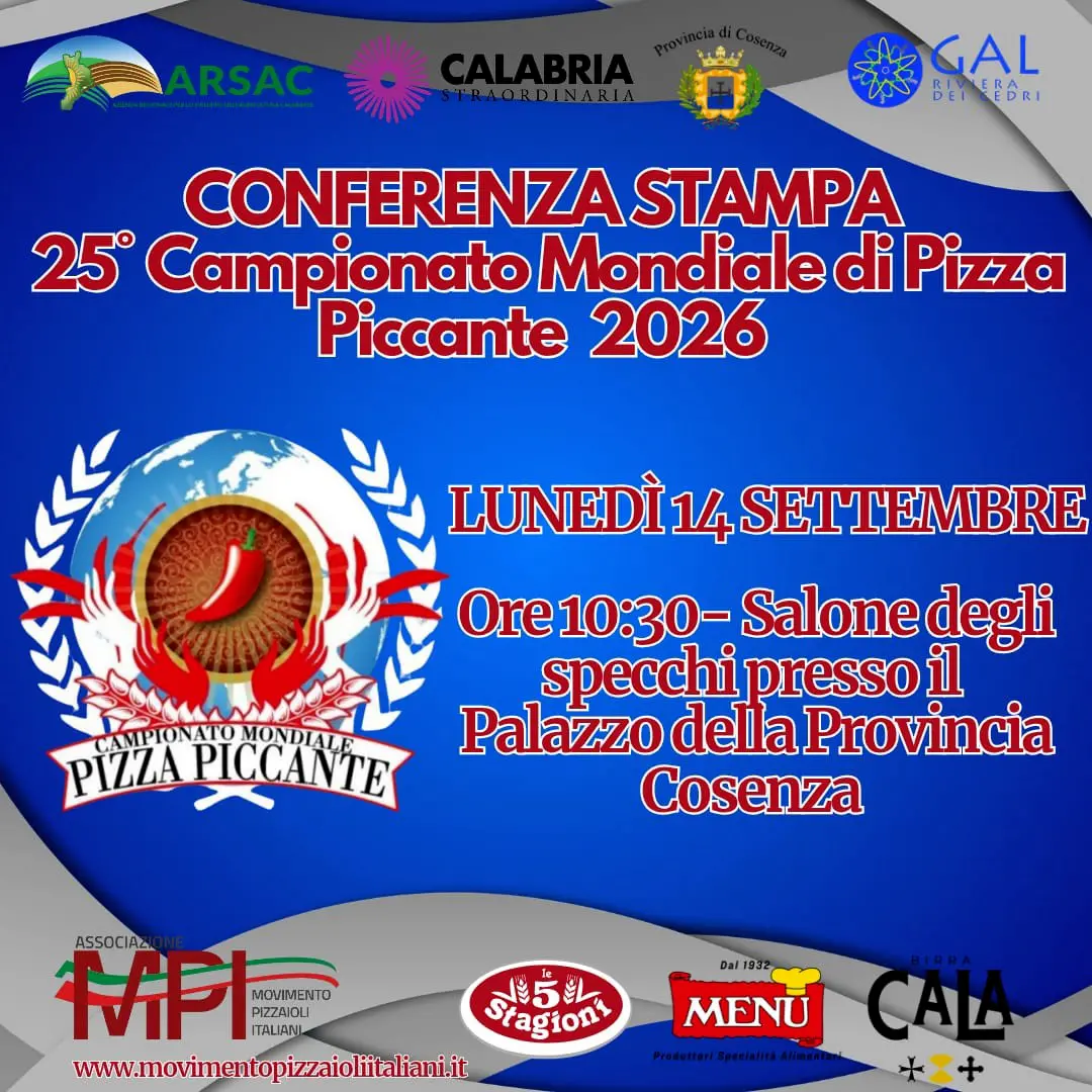 Conto alla rovescia per il 25° Campionato Mondiale di Pizza Piccante: il 14 settembre la presentazione ufficiale\n