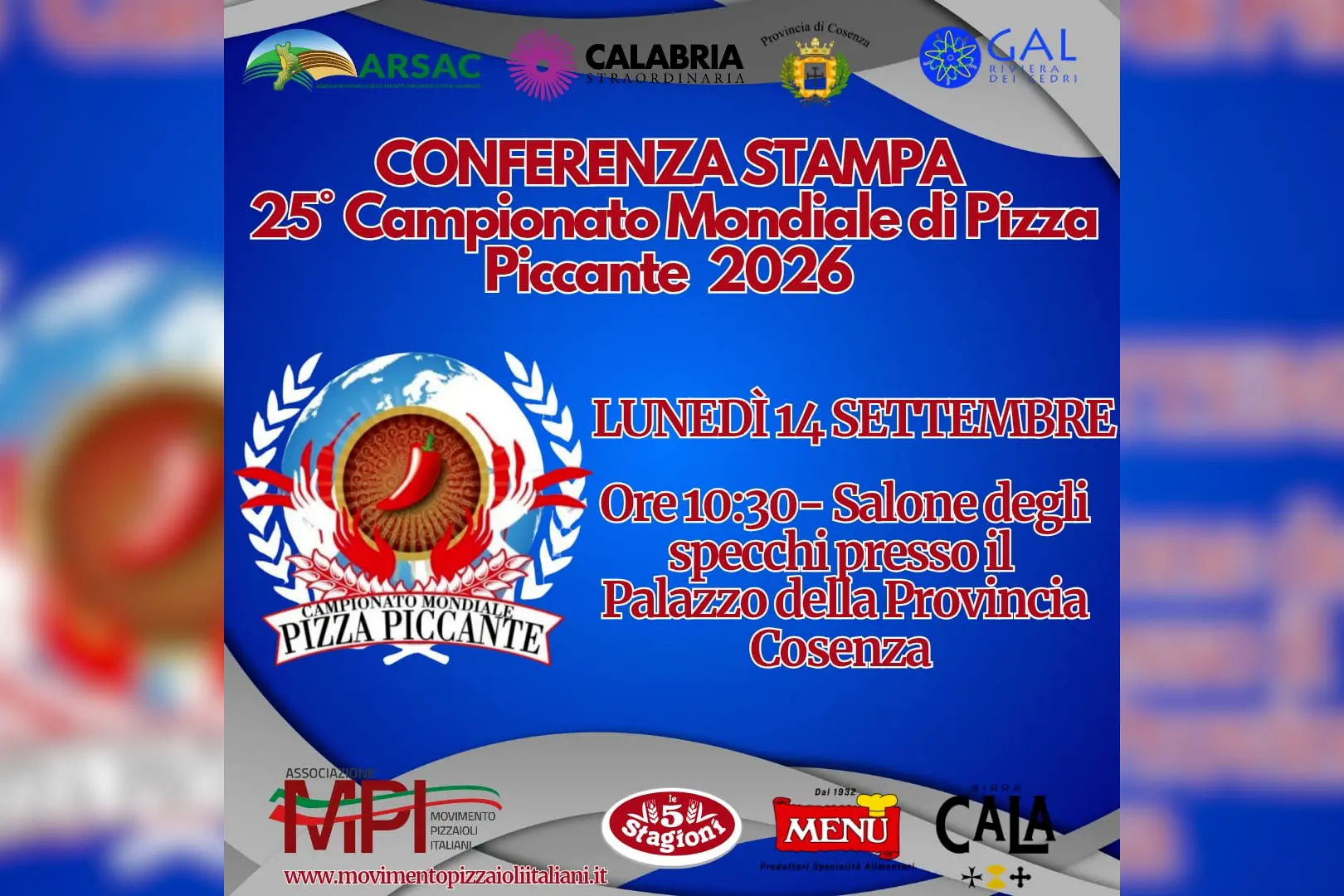 Conto alla rovescia per il 25° Campionato Mondiale di Pizza Piccante: il 14 settembre la presentazione ufficiale\n