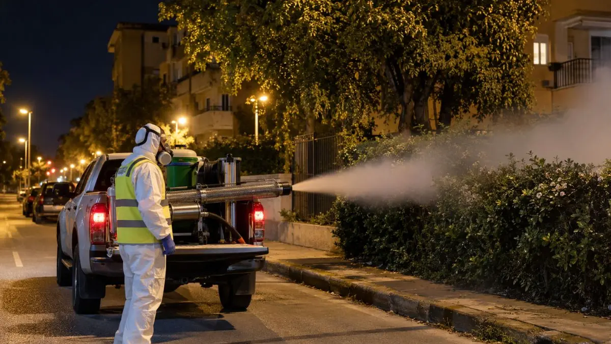 <p>Mezzo impegnato nella disinfestazione notturna (FOTO AI)</p>\\n