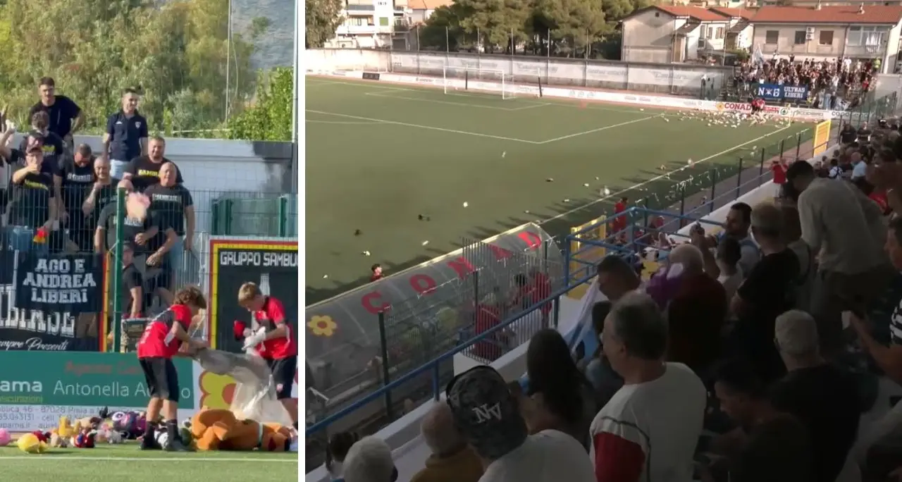 Peluche in campo prima di PraiaTortora-Sambiase: tifosi insieme per la Pediatria di Cetraro\n