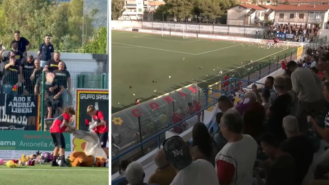 Peluche in campo prima di PraiaTortora-Sambiase: tifosi insieme per la Pediatria di Cetraro\n