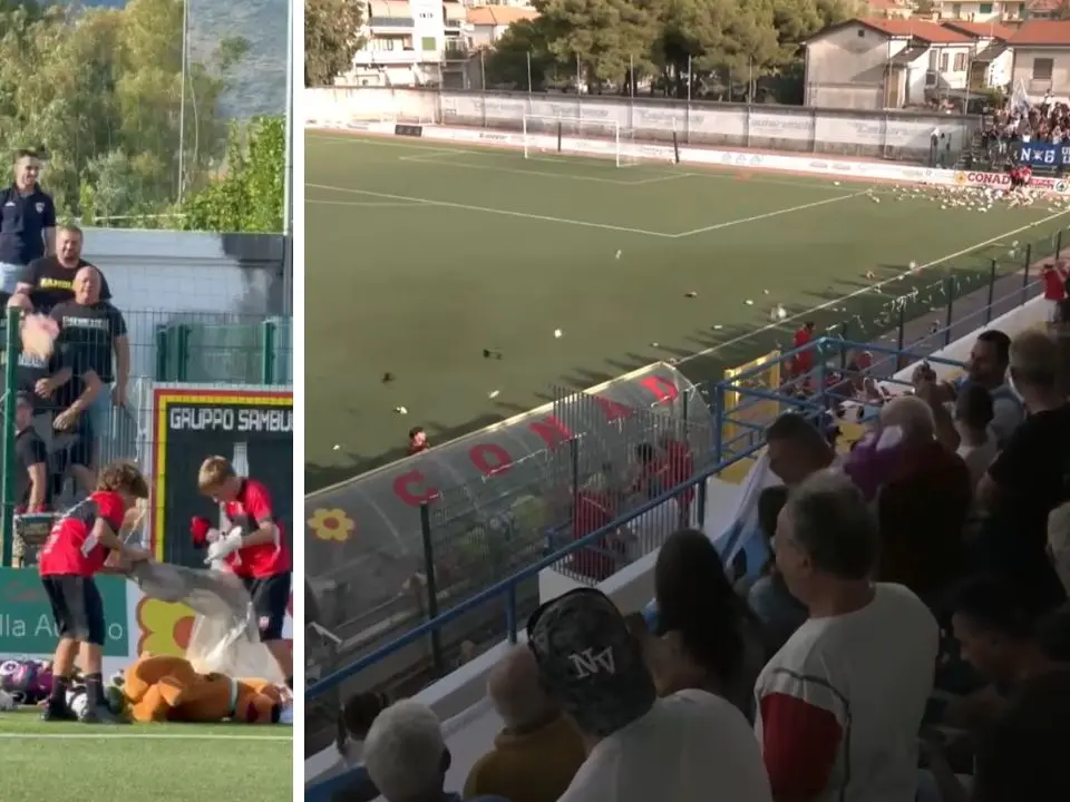 Peluche in campo prima di PraiaTortora-Sambiase: tifosi insieme per la Pediatria di Cetraro