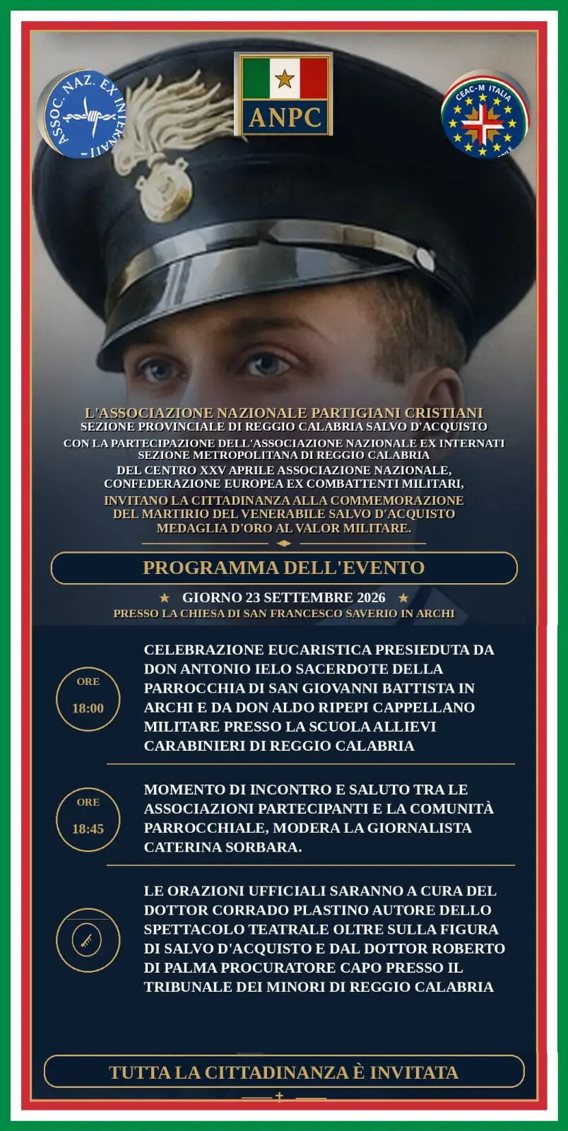 Reggio, il «Settembre della Memoria» ricorda gli internati militari e Salvo D’Acquisto: due giornate tra Salice e Archi\n