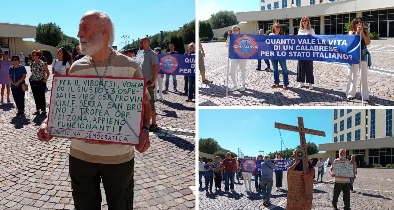 <p><span style=\"color:hsl(0, 75%, 60%);\">Croce in spalla e catene</span>, la protesta dei comitati vibonesi arriva alla Cittadella: «Vogliamo una sanità dignitosa»</p>