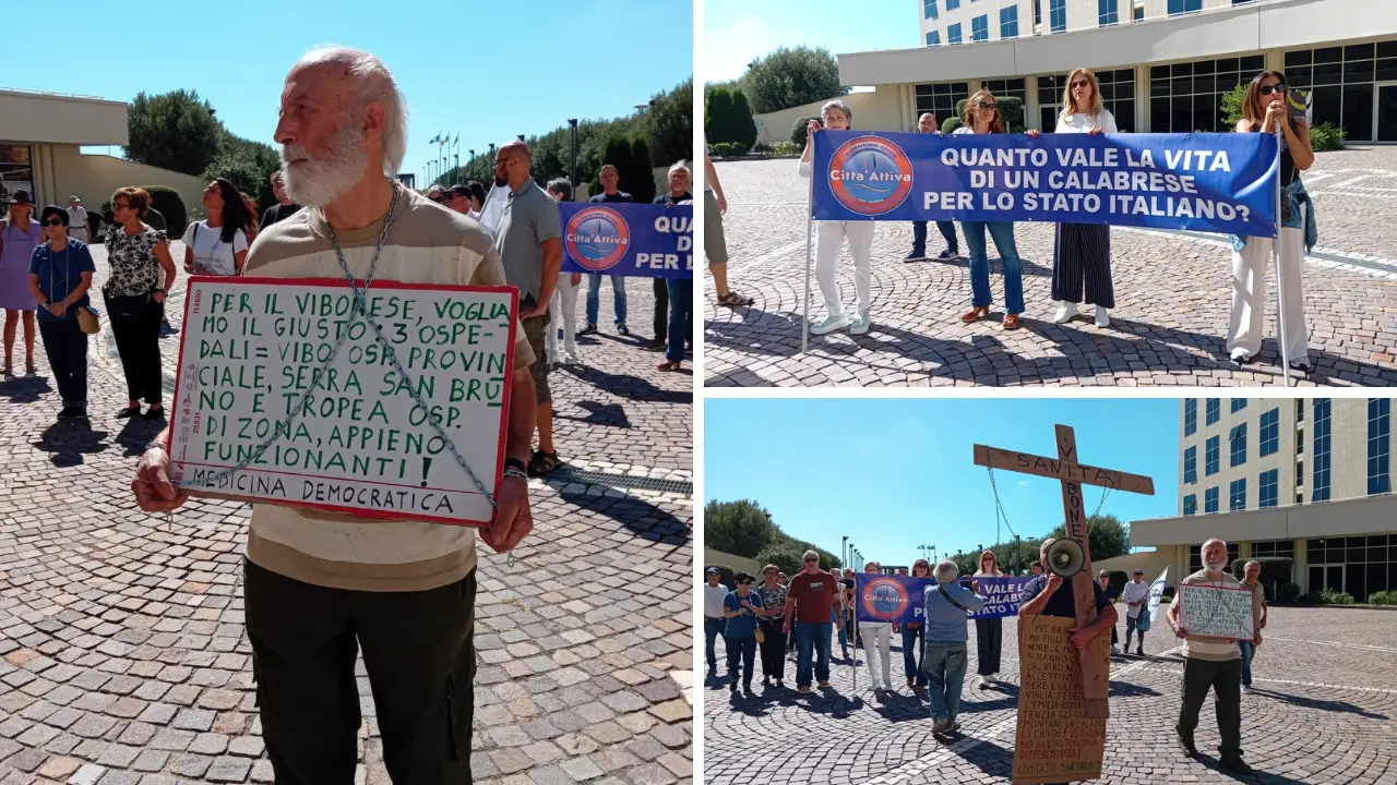 Croce in spalla e catene, la protesta dei comitati vibonesi arriva alla Cittadella: «Vogliamo una sanità dignitosa»\n