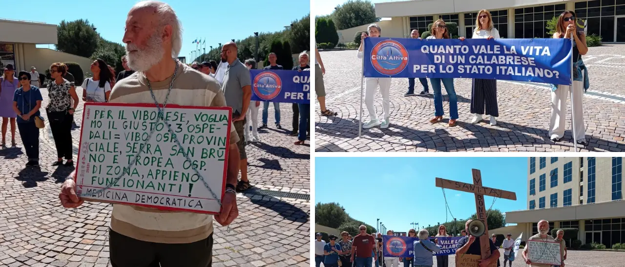 Croce in spalla e catene, la protesta dei comitati vibonesi arriva alla Cittadella: «Vogliamo una sanità dignitosa»\n