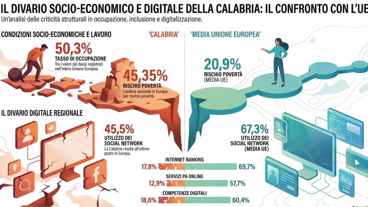 <p>Allarme Calabria: circa <span style=\"color:hsl(0, 75%, 60%);\">metà della popolazione a rischio povertà</span>, regione ultima (quasi) in tutto</p>