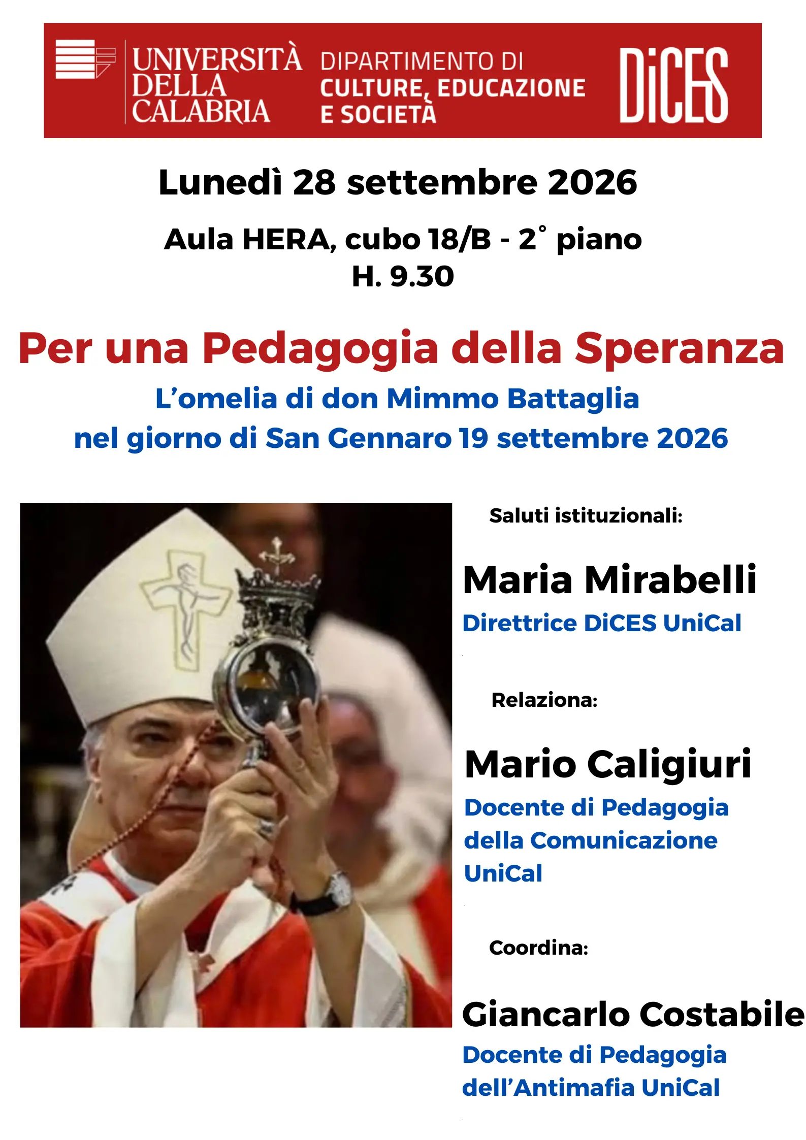 All’Unical una riflessione sulla “Pedagogia della speranza” a partire dall’omelia di don Mimmo Battaglia\n