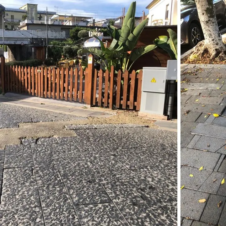 A Vibo Marina strada rappezzata e marciapiede sprofondato dopo i recenti lavori\n