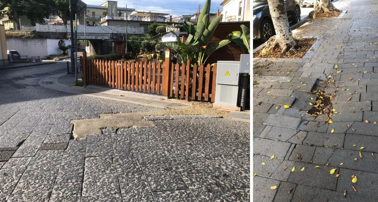 A Vibo Marina strada rappezzata e marciapiede sprofondato dopo i recenti lavori\n