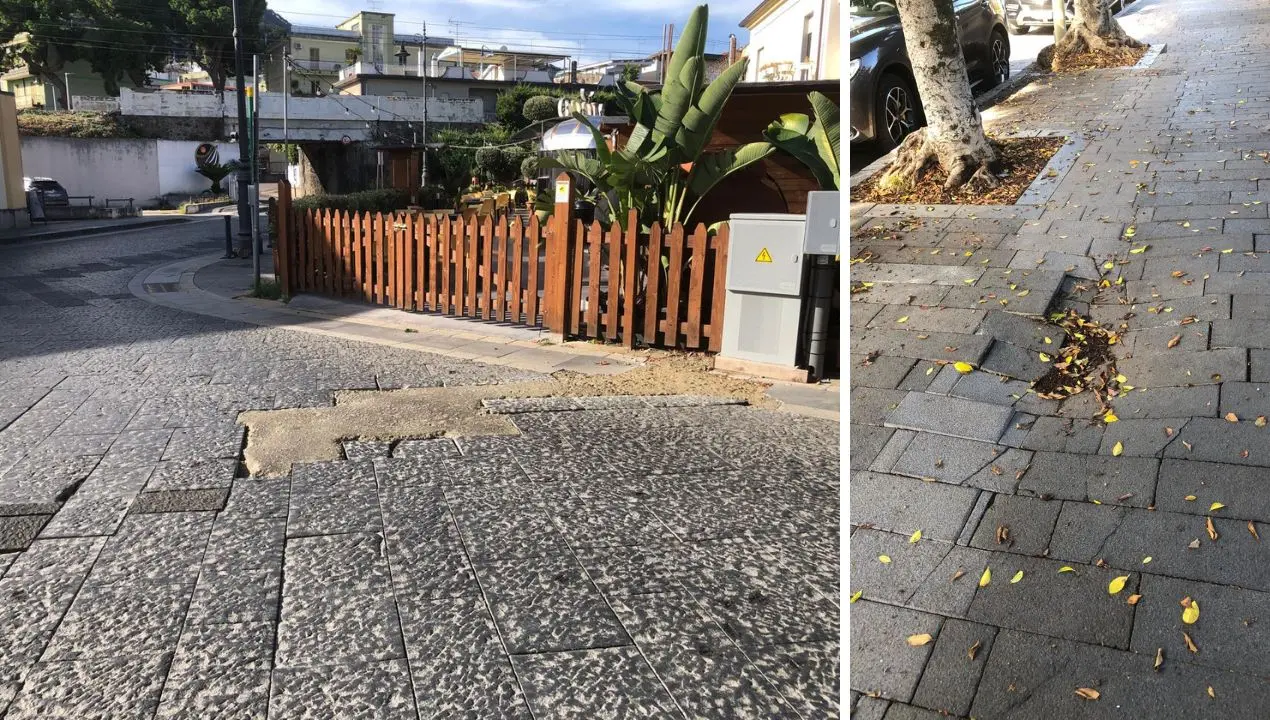A Vibo Marina strada rappezzata e marciapiede sprofondato dopo i recenti lavori\n