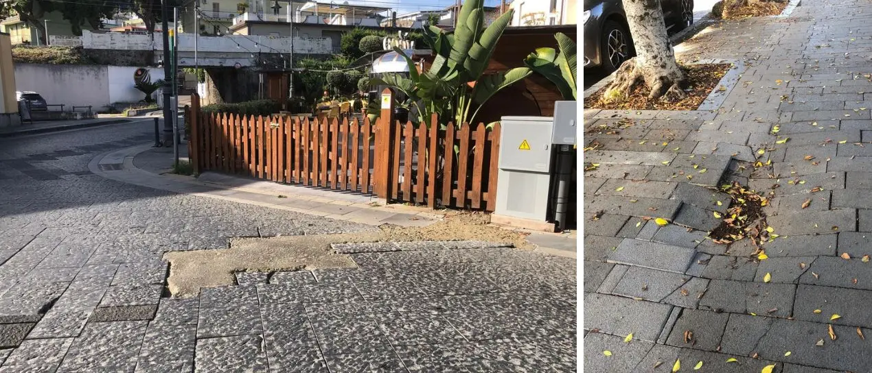 A Vibo Marina strada rappezzata e marciapiede sprofondato dopo i recenti lavori\n