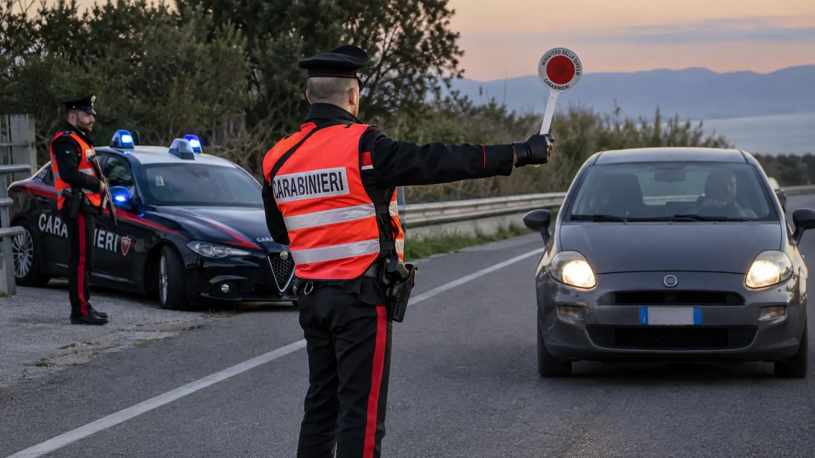 <p>Un posto di blocco dei carabinieri (immagine realizzata con l'Ia)</p>\\n