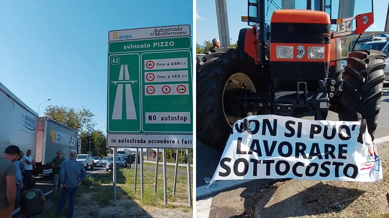 Agricoltori, la protesta si infiamma a Pizzo: bloccato lo svincolo dell’A2, traffico in tilt e automobilisti in coda\n