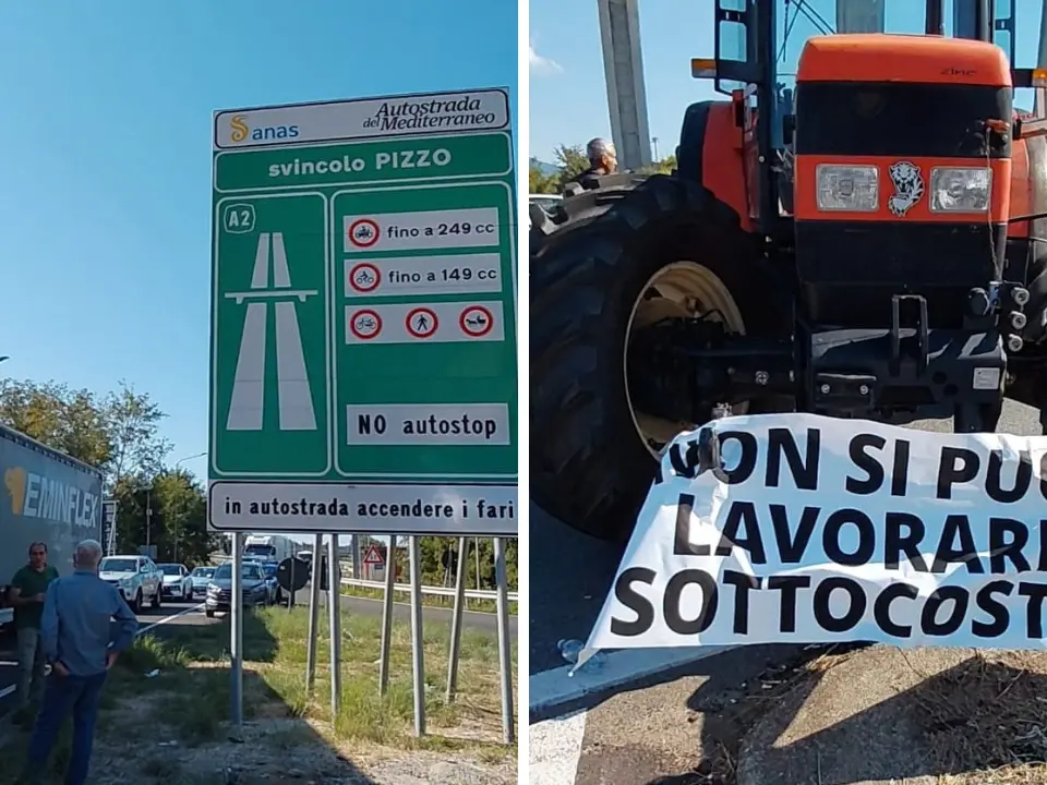 Agricoltori, la protesta si infiamma a Pizzo: bloccato lo svincolo dell’A2, traffico in tilt e automobilisti in coda