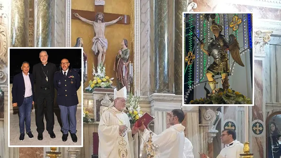 <p>La celebrazione da parte del vescovo Attilio Nostro. Nel riquadro a destra la statua di San Michele Arcangelo, a sinistra il vescovo con una rappresentanza della Polizia di Stato</p>\\n
