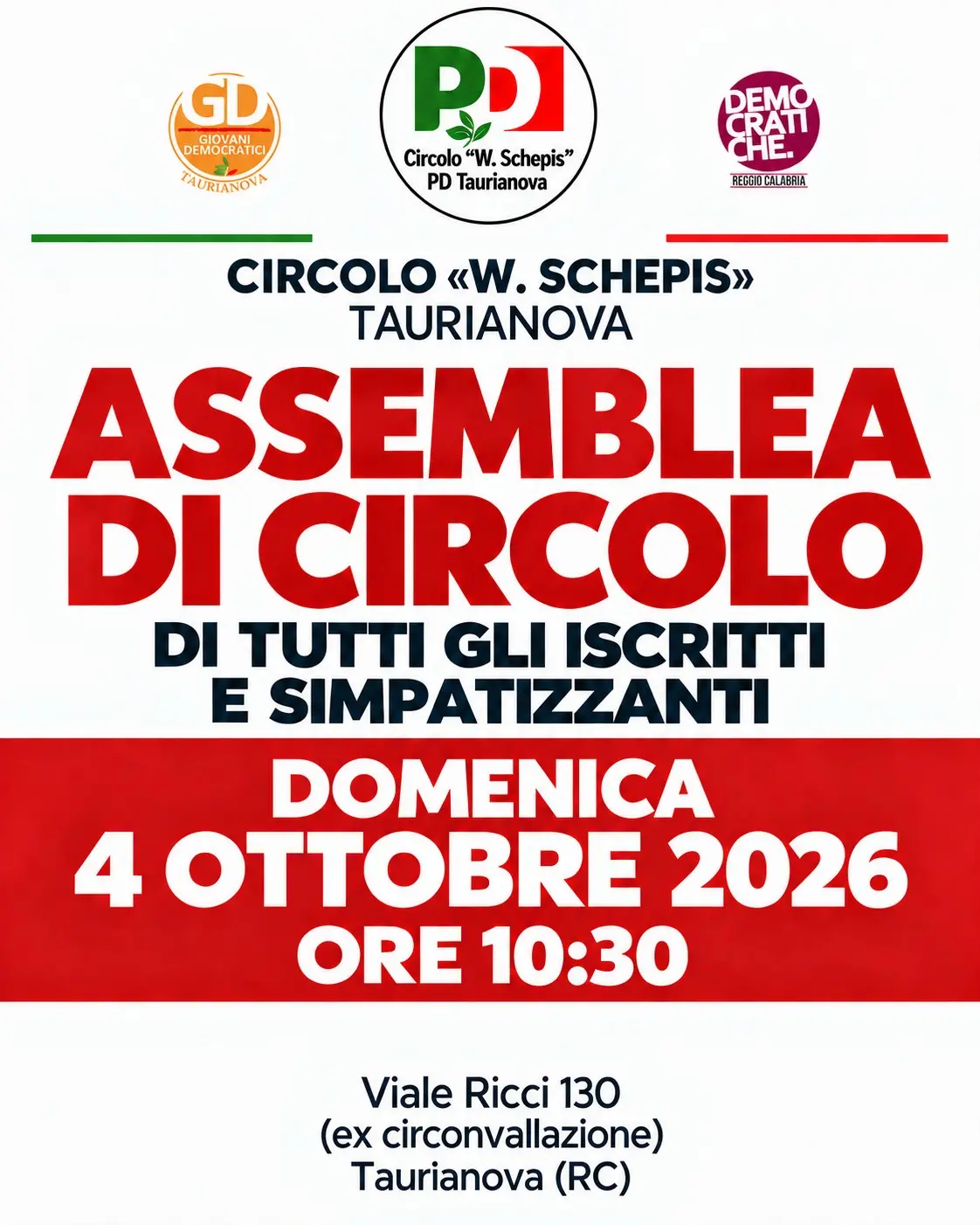 Taurianova, il PD apre il confronto nel circolo: iscritti e simpatizzanti chiamati a discutere idee e proposte per la città\n