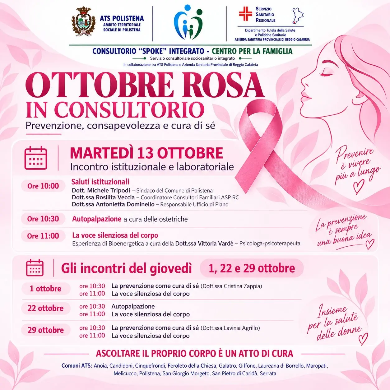 Ottobre Rosa a Polistena, la prevenzione entra\u00A0nel Consultorio: un mese di incontri tra servizi sanitari e sociali\n
