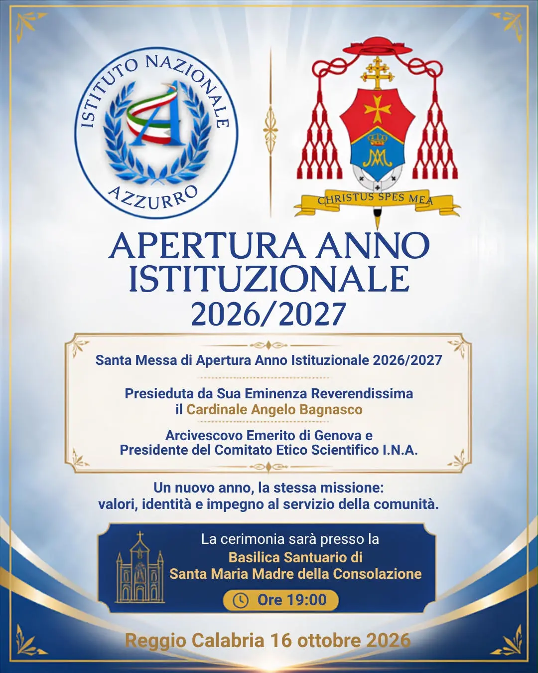 Reggio, l’Istituto Nazionale Azzurro inaugura il nuovo Anno Istituzionale: all’Eremo la Messa con il cardinale Bagnasco\n