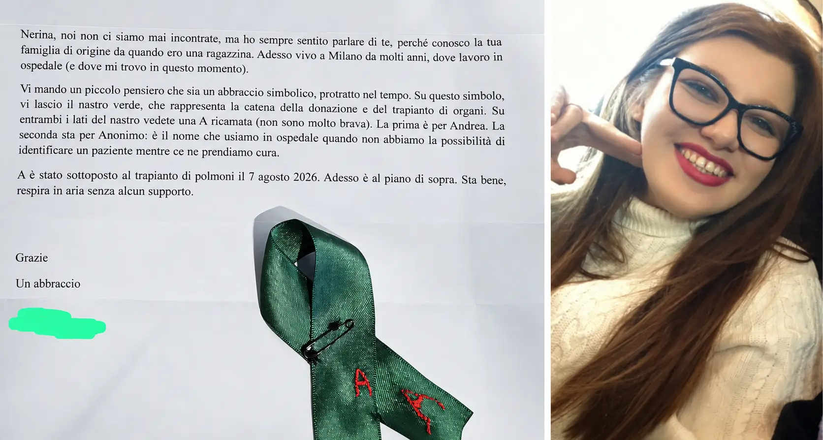 Il nastro con due “A” ricamate e la lettera della mamma di Andrea Minasi alla figlia: «Avevi scelto di donare i tuoi organi»\n