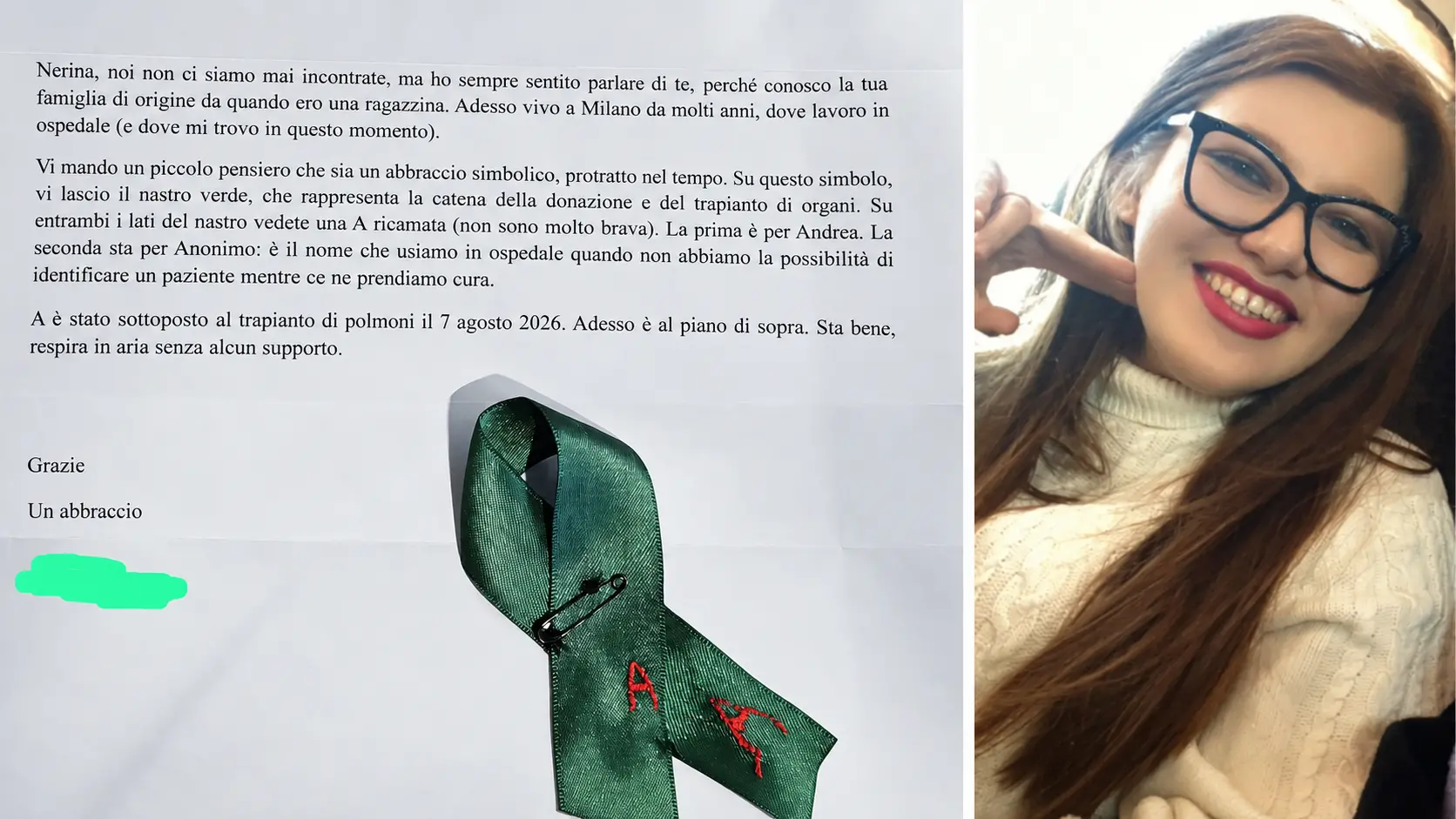 Il nastro con due “A” ricamate e la lettera della mamma di Andrea Minasi alla figlia: «Avevi scelto di donare i tuoi organi»\n