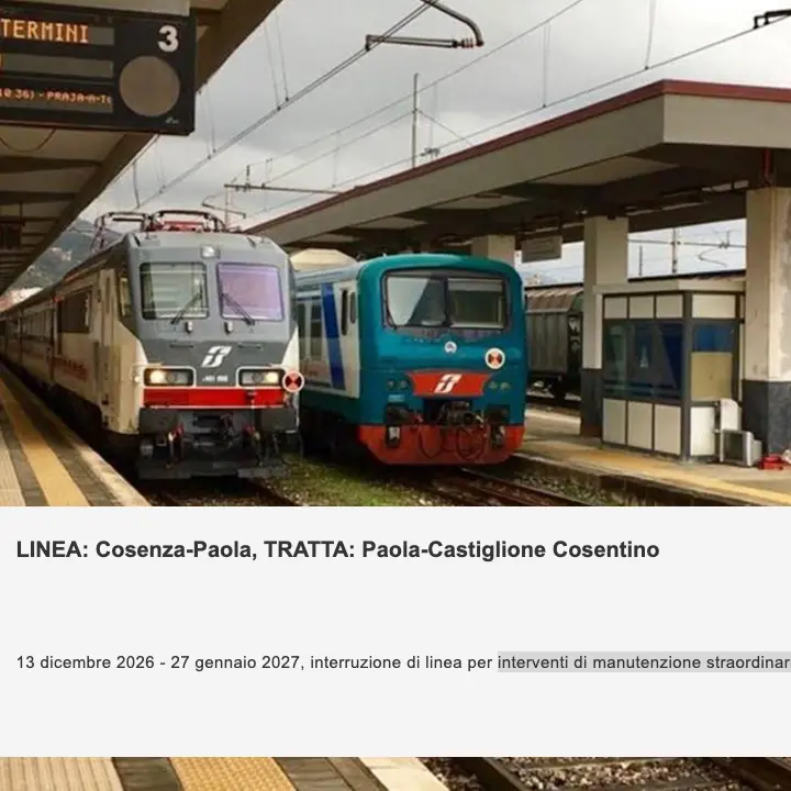 Lavori nella galleria Santomarco, chiusa la tratta Paola-Castiglione Cosentino dal 13 dicembre al 27 gennaio\n