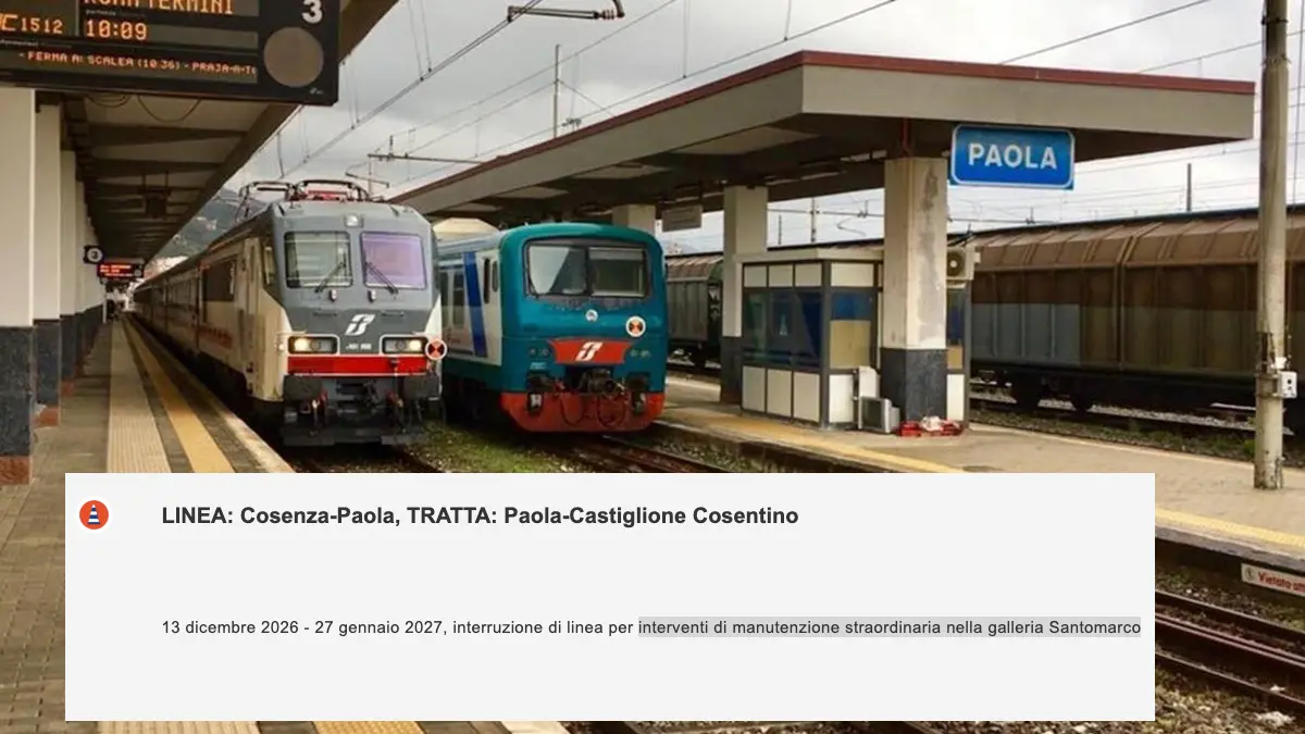 Lavori nella galleria Santomarco, chiusa la tratta Paola-Castiglione Cosentino dal 13 dicembre al 27 gennaio\n
