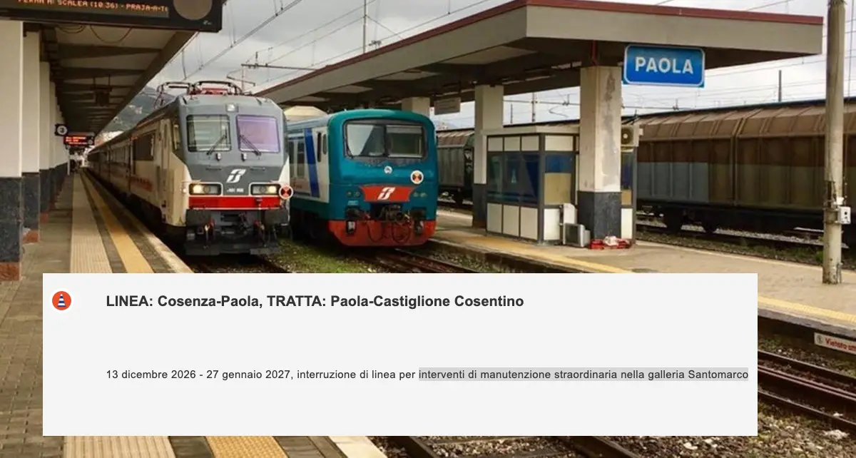 <p>Lavori nella galleria Santomarco, per oltre un mese sarà chiusa la tratta Paola-Castiglione Cosentino: ecco quando</p>