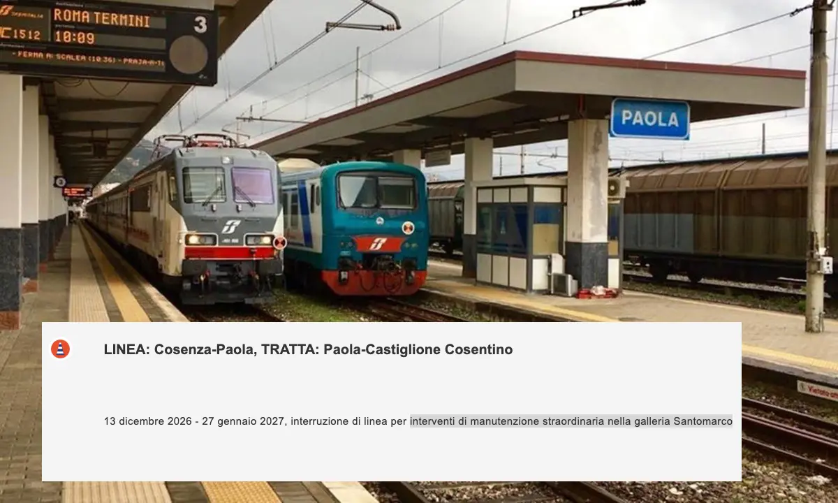 Lavori nella galleria Santomarco, chiusa la tratta Paola-Castiglione Cosentino dal 13 dicembre al 27 gennaio\n