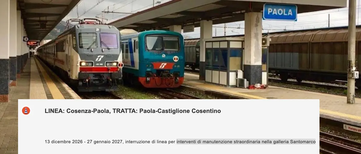 Lavori nella galleria Santomarco, chiusa la tratta Paola-Castiglione Cosentino dal 13 dicembre al 27 gennaio\n