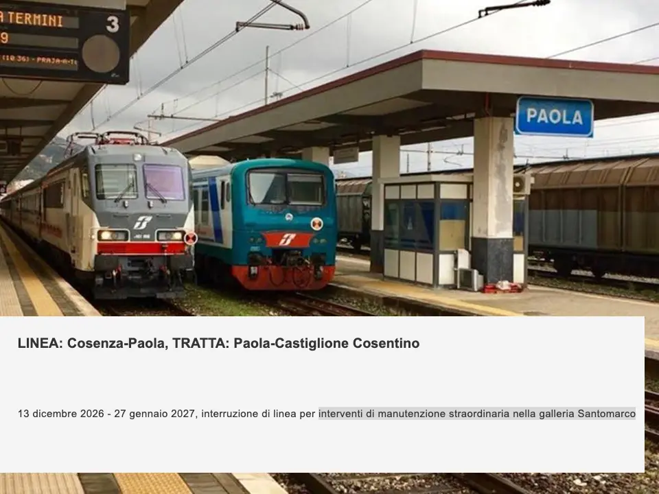 Lavori nella galleria Santomarco, chiusa la tratta Paola-Castiglione Cosentino dal 13 dicembre al 27 gennaio
