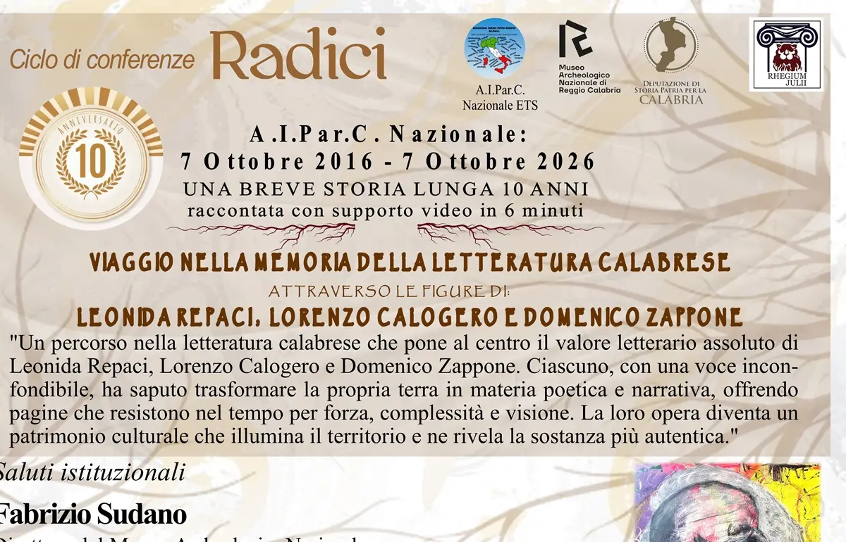 AIParC nazionale, a Reggio\u00A0il “Viaggio nella Memoria della letteratura calabrese” con\u00A0Leonida Repaci, Lorenzo Calogero e Domenico Zappone\n
