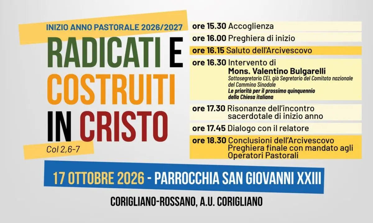 Rossano-Cariati apre il nuovo Anno pastorale: incontro diocesano il 17 ottobre a Corigliano\n