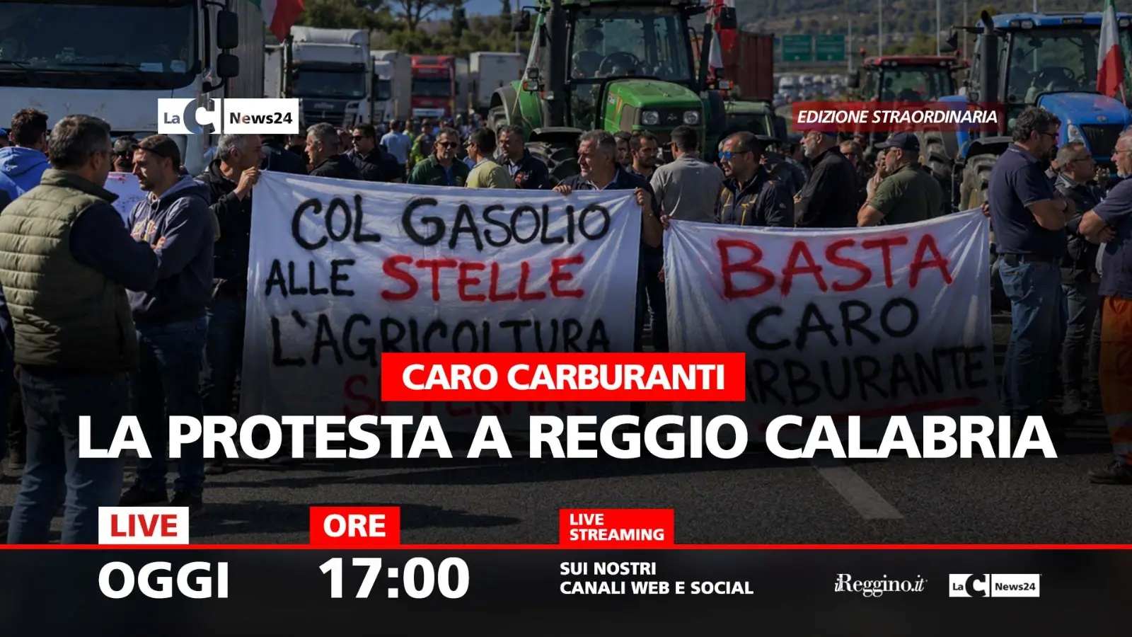 <p>Agricoltori ancora in piazza, proteste in tutta la Calabria: alle 17 la <span style=\"color:hsl(0,75%,60%);\">DIRETTA </span>di LaC Tv da Reggio Calabria – <span style=\"color:hsl(0,75%,60%);\">LIVE</span></p>